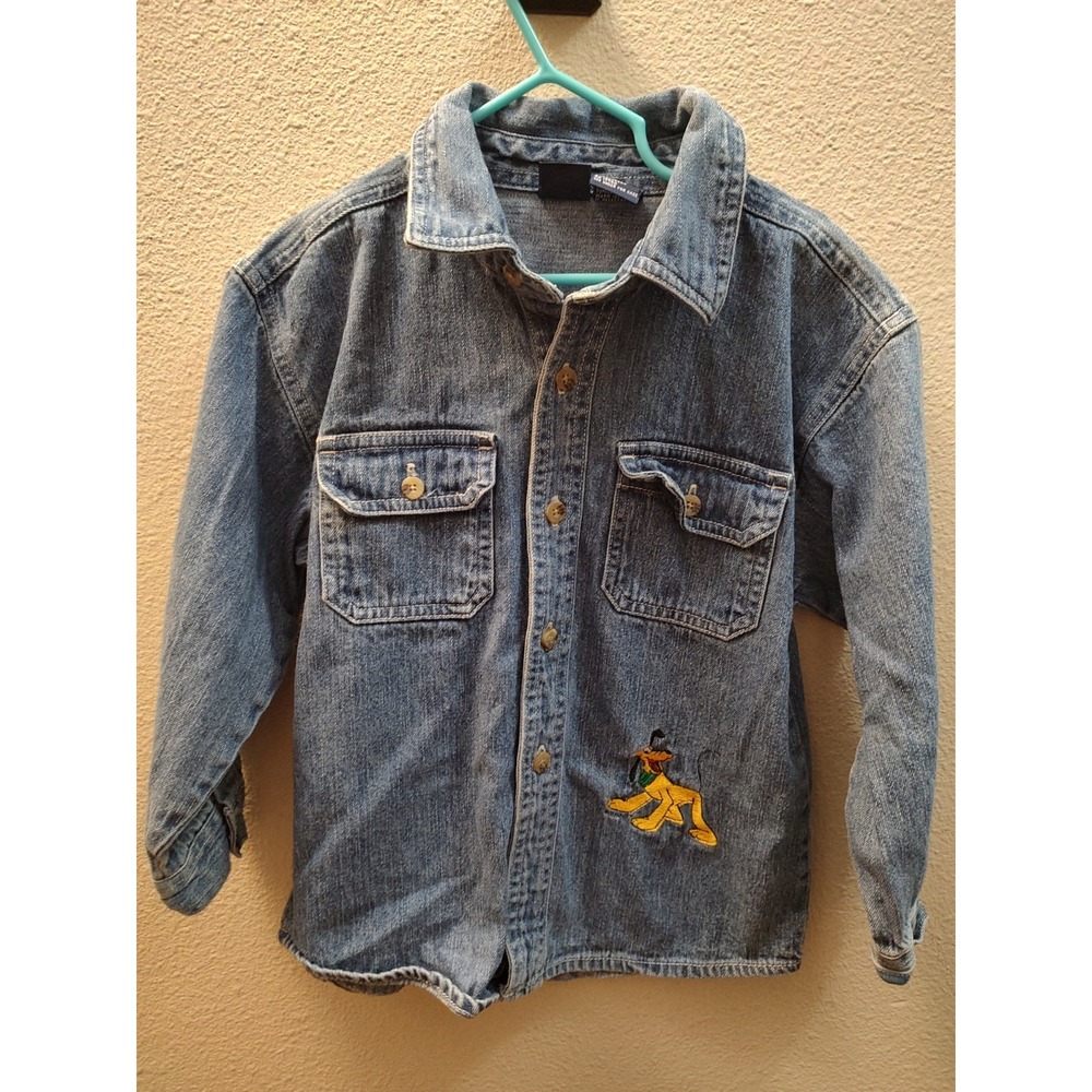 Vintage 90s Disney Embroidered Pluto Dog Denim Button Up Shirt Kids Size 5T